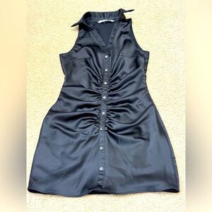 Zara Black Satin Ruched Sleeveless Mini Collared Shirt Dress Women’s Sz XS